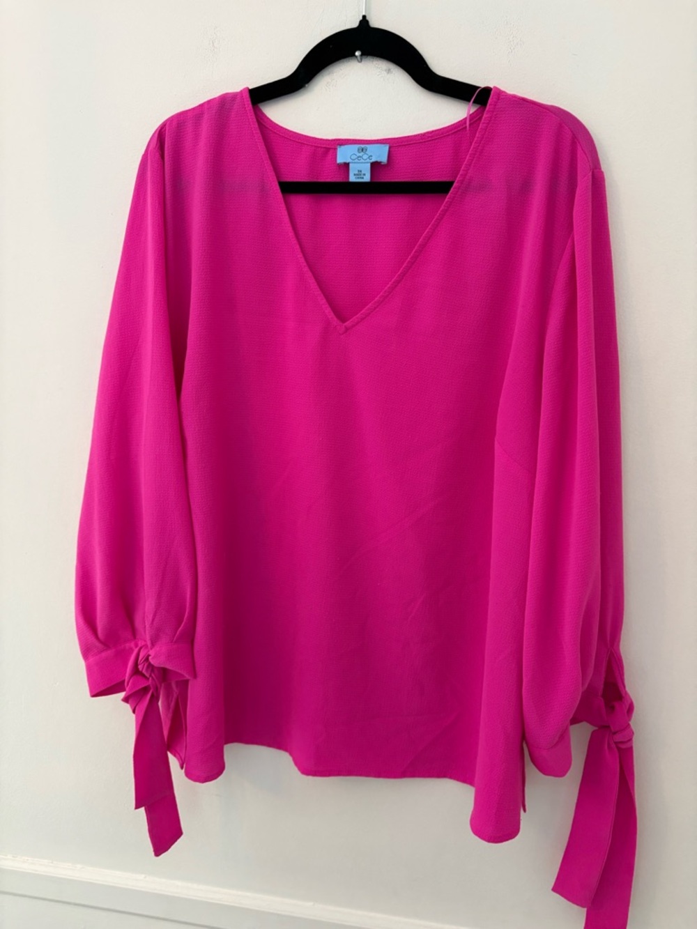 Cece Plus Hot Pink V Neck Top Shirt Blouse Career Tie Sleeves —Sz 3X